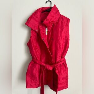 Red Puffer Vest With Belt Detail